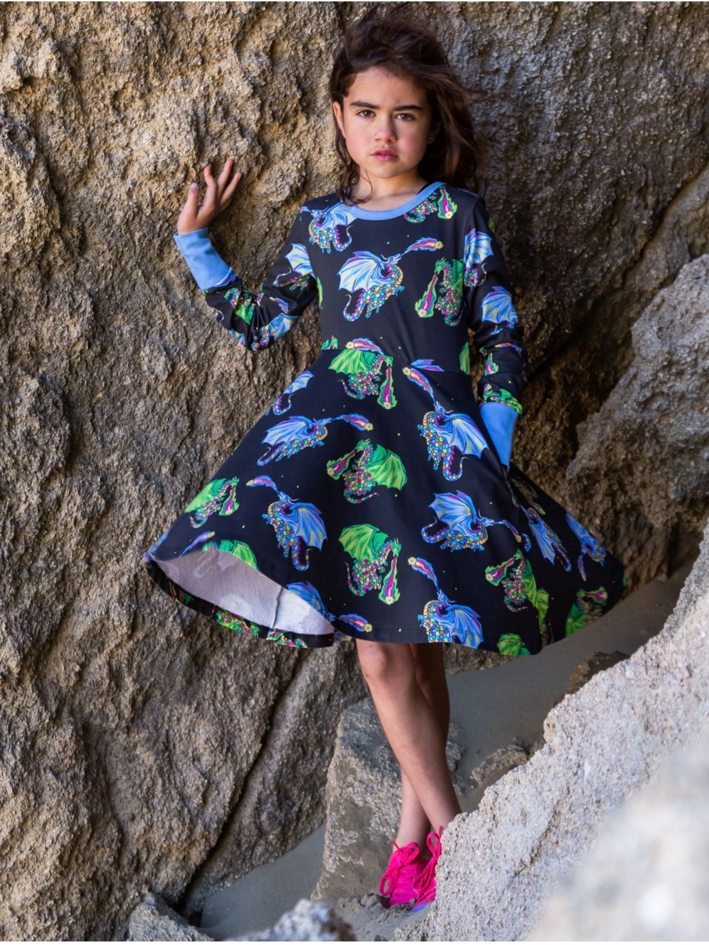 Coddi & Womple Girls Black Dragon-Print Long-Sleeve Twirl Dress